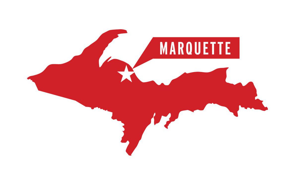 Vector map of Upper Michigan with Marquette flagged.